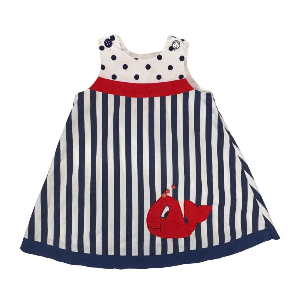 Vintage Dress Girl 6X Sailor Blue White Striped Polka Dots Whale Jumper Nautical